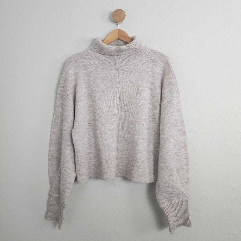 Lumiere Wool Blend Cropped Turtleneck Sweater Oatmeal Cream Balloon Sleeve NEW L